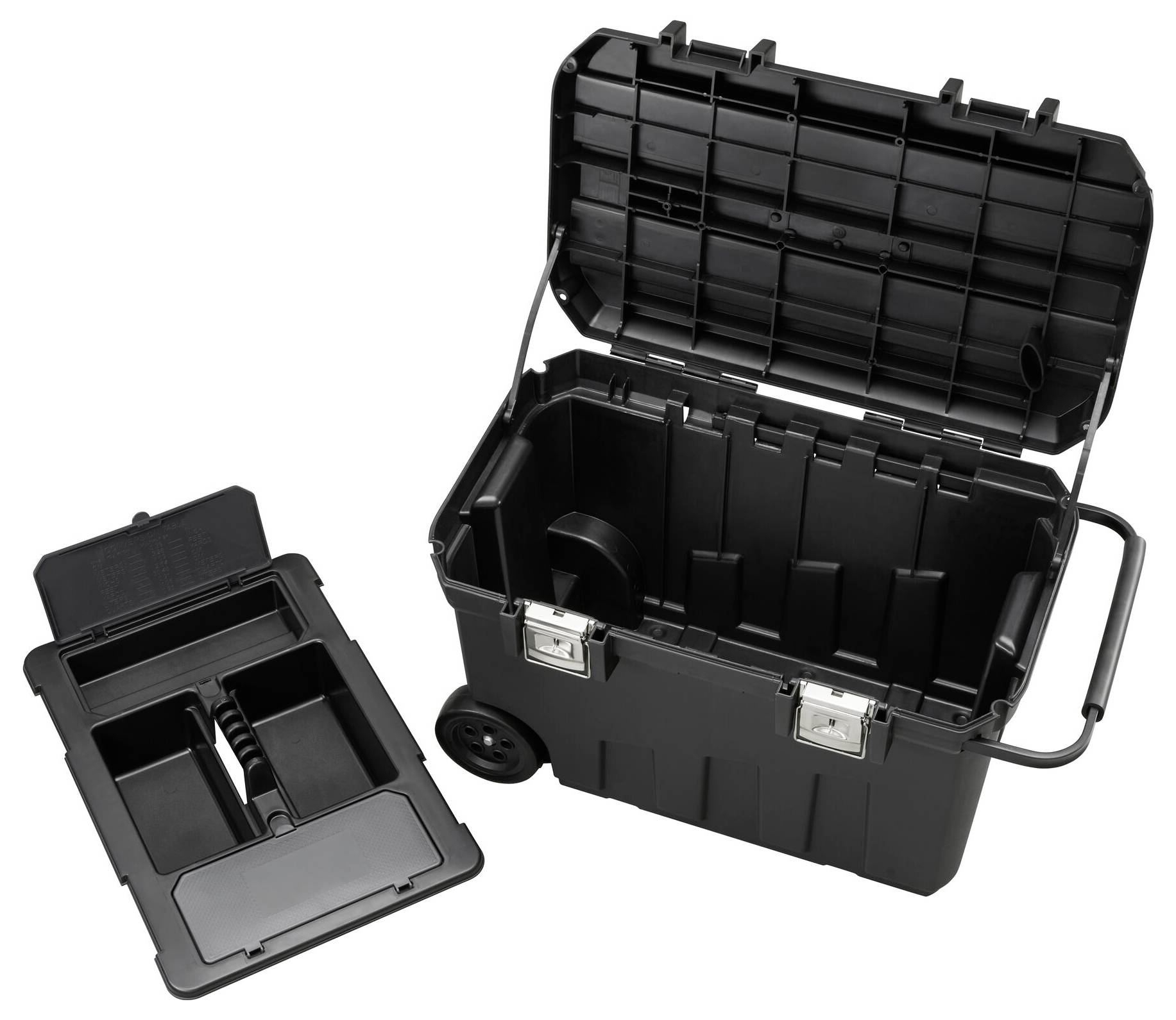 Schwarze Werkzeugbox mit offenem Deckel, enthaltenes Fach daneben, auf Rollen für leichten Transport.