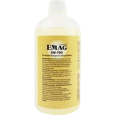 Flasche mit EMAG EM-700 Reinigungslösung mit gelbem Etikett für Ultraschallbad-Entkalking und Reinigung
