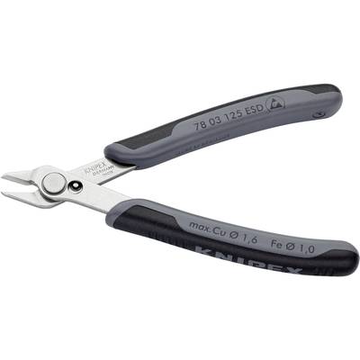 Eine graue Knipex-Zange mit ergonomischen Griffen, geeignet für das Schneiden von Draht. Aufschrift zeigt maximale Kapazität 'Cu 1,6, Fe 1,0'.