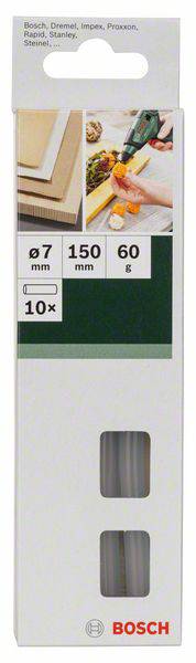 Verpackung für Bosch Heißklebestifte. Enthält 10 Stäbe, 7 mm Durchmesser, 150 mm Länge, 60 g. Bilder zeigen Anwendungen.