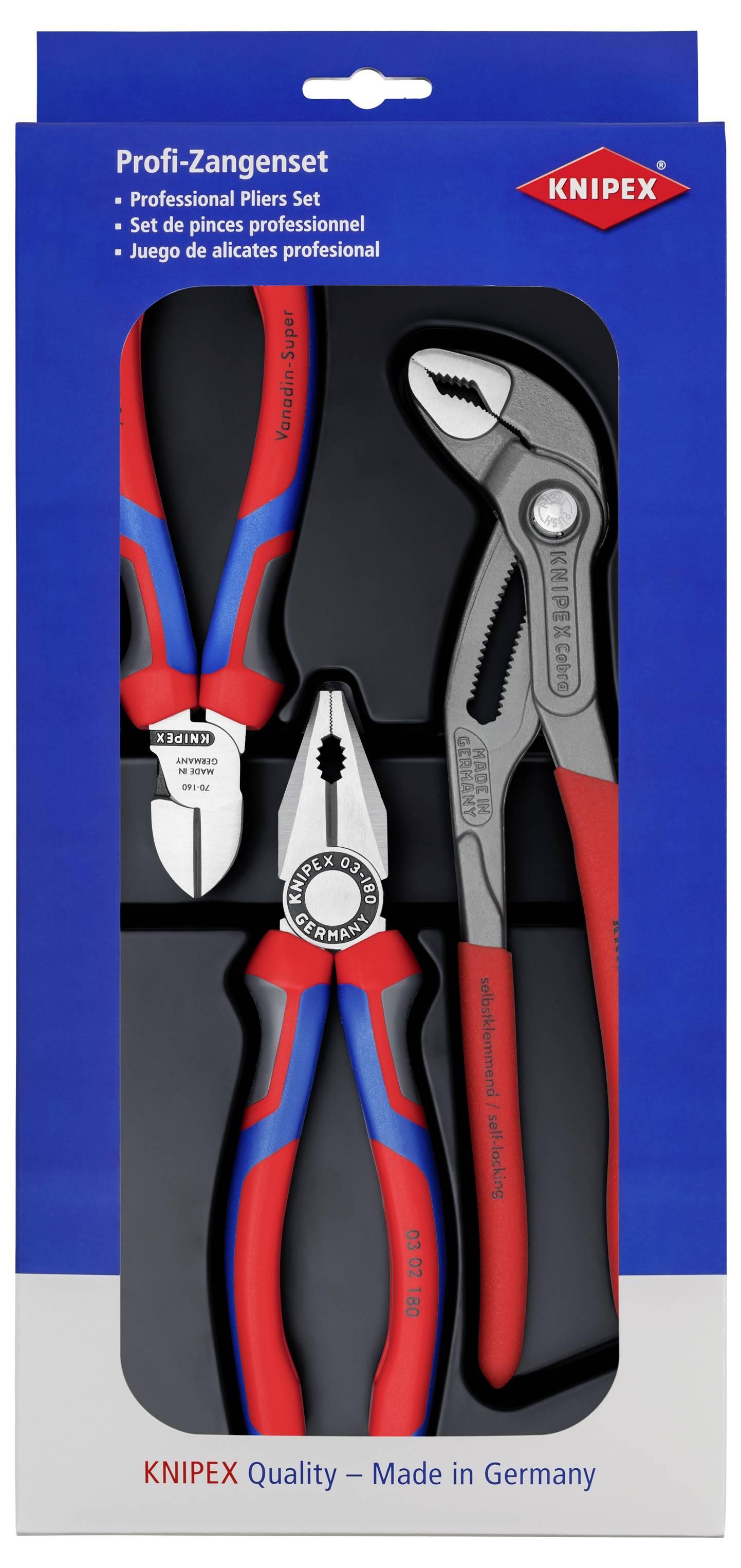 'Profi-Zangenset' von Knipex, bestehend aus Kombizange, Seitenschneider und Wasserpumpenzange in rot-blauem Design. Verpackung zeigt Werkzeuge.