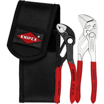 Zwei Knipex-Zangen mit roten Griffen in einer schwarzen Stofftasche. Eine Wasserpumpenzange und eine Zangenschlüssel sind sichtbar.