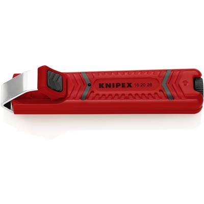 Rotes Sicherheitsmesswerkzeug mit Aufschrift 'KNIPEX 16 20 28' und Klinge. Entworfen für präzises und sicheres Schneiden.