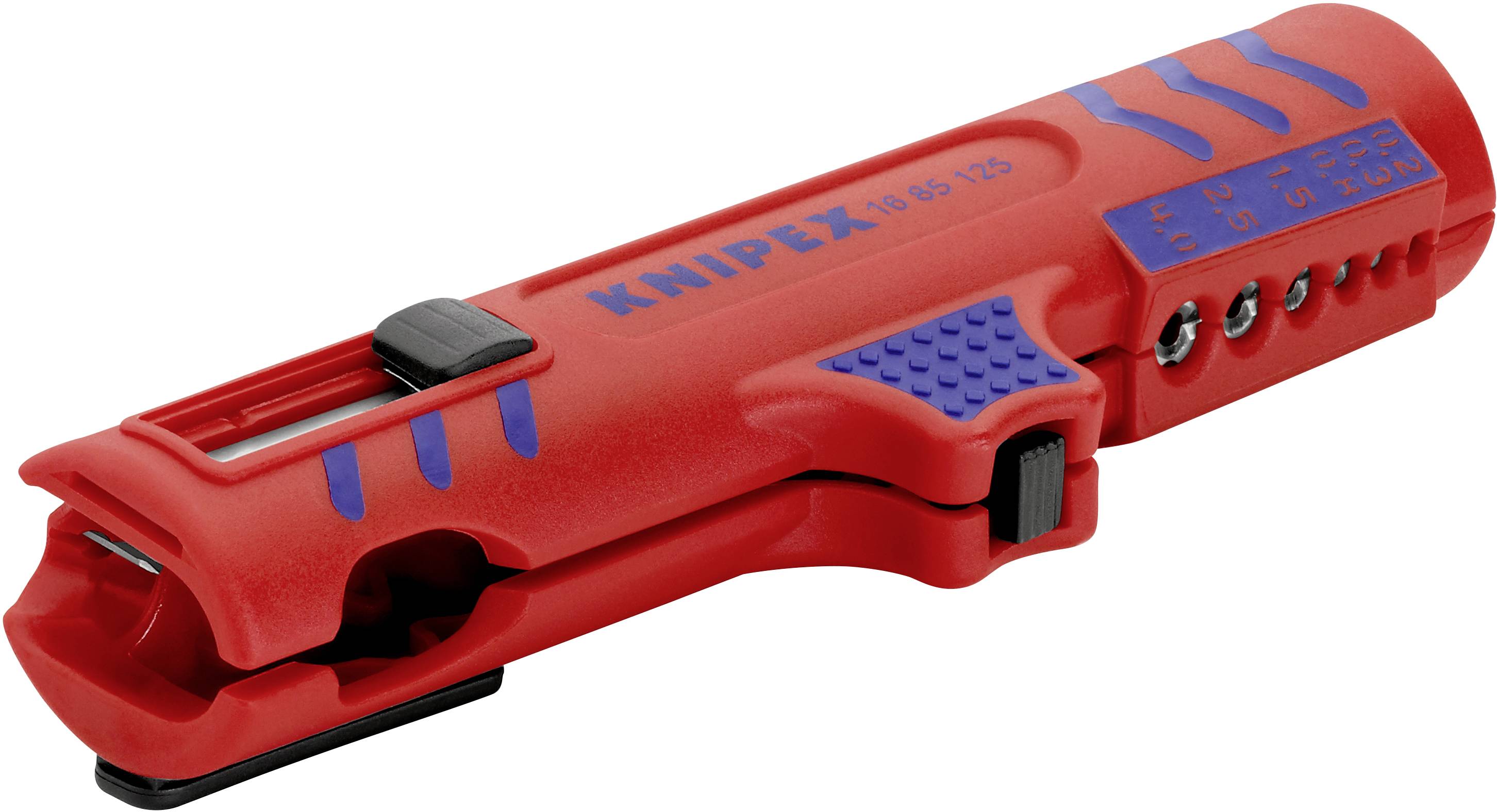 Ein rotes Abisolierwerkzeug der Marke Knipex, das durch seine kompakte Form auffällt. Es hat eine Klinge und verschiedene Einstellmöglichkeiten.