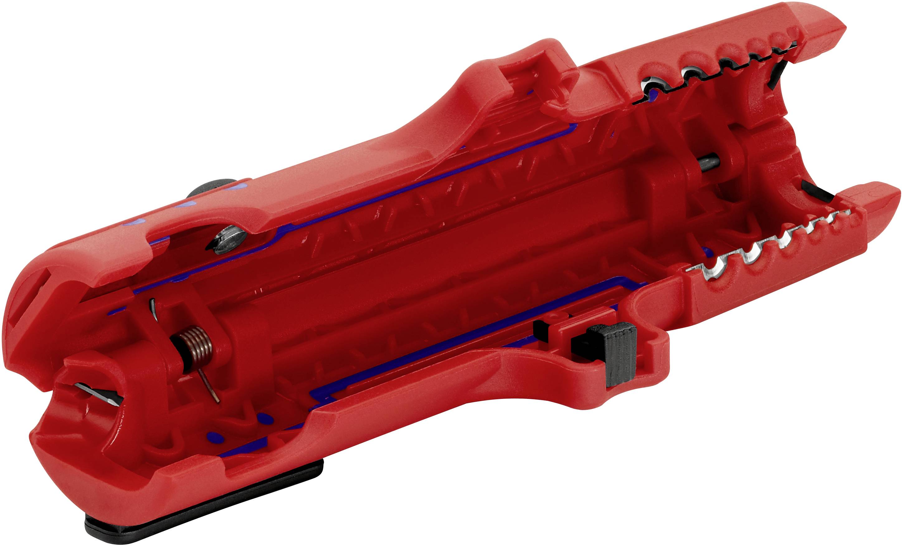 Roter Kabelabmantler, geöffnet, zeigt innere Schneidklingen und Mechanismus, verwendet zum Abmanteln von elektrischen Kabeln.