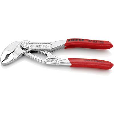 Eine Zange der Marke KNIPEX mit rotem Griff und einem silbernen, gezahnten Backenpaar. Text auf Griff: 'MADE IN GERMANY'.