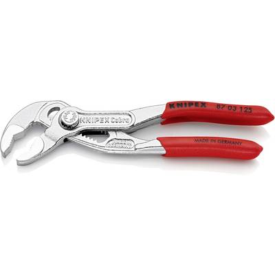 Eine Knipex Cobra Rohrzange mit rotem Griff, verstellt und aus verchromtem Stahl, mit Aufschrift 'Made in Germany'.