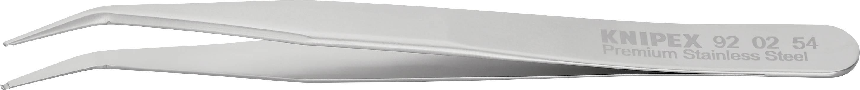 Silberne Pinzette aus Edelstahl mit leicht gebogenen Spitzen, geeignet für präzise Arbeiten. Modellnummer 'KNIPEX 92 02 54'.