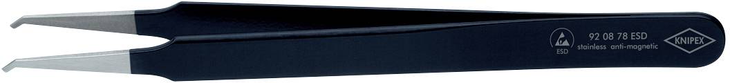 Schwarze Metallpinzette mit feiner Spitze und Gravur an der Seite. Geeignet für präzise Arbeiten wie Elektronik oder Schmuckherstellung.