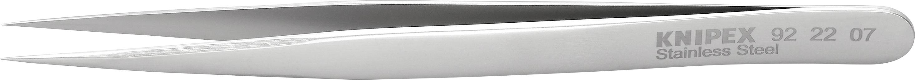 Eine Edelstahl-Präzisionspinzette mit spitzen Enden. Auf der Seite steht 'KNIPEX 92 22 07 Stainless Steel'.