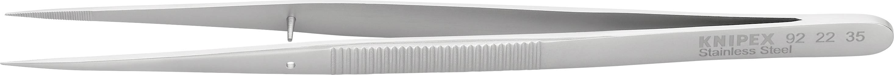 Eine silberne Knipex-Pinzette aus Edelstahl mit geriffeltem Griffbereich für präzises Halten kleiner Objekte.