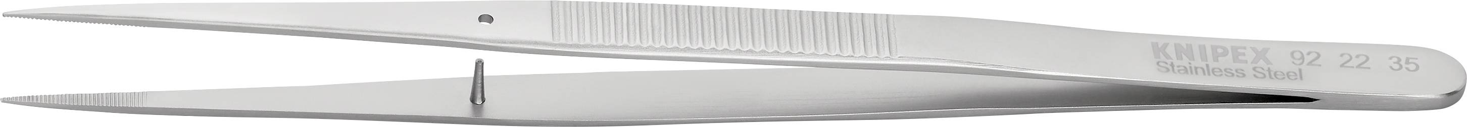 Eine gerade Metallpinzette mit feiner Spitze, geeignet für präzise Arbeiten in Laboren oder im medizinischen Bereich.