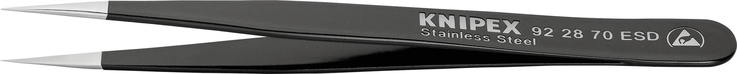 Eine schwarze Knipex-Pinzette mit der Aufschrift '92 28 70 ESD' und 'Stainless Steel' auf dem Griff. Geeignet für präzises Arbeiten.