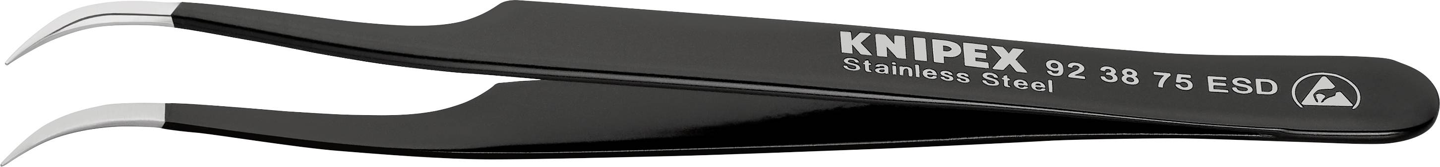 Eine schwarze antistatische Präzisionspinzette von Knipex aus Edelstahl mit schmal verlaufenden Spitzen, geeignet für Feinarbeiten.
