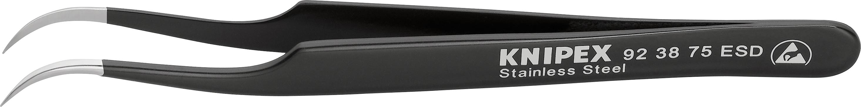Schwarze Pinzette aus Edelstahl mit gebogenen Spitzen, Modellnummer '92 38 75 ESD', von der Marke Knipex.