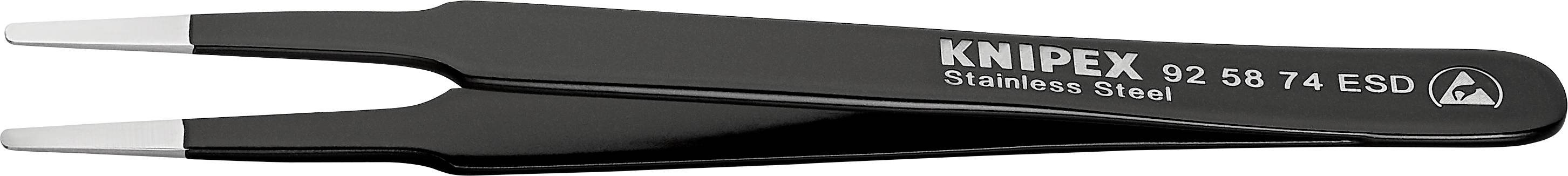 Schwarze Präzisionspinzette mit silbernen Spitzen, Aufdruck 'KNIPEX 92 56 74 ESD Stainless Steel', geeignet für elektrostatisch geschützte Arbeiten.
