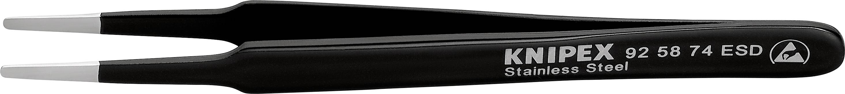 Schwarze Pinzette aus Edelstahl mit der Aufschrift 'Knipex Stainless Steel 92 63 74 ESD', eignet sich für empfindliche Arbeiten.