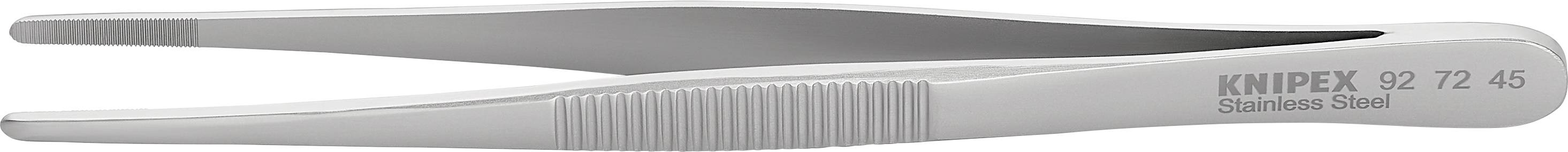Eine gerade, silberfarbene Pinzette aus rostfreiem Stahl, auf der seitlich 'Knipex 92 72 45 Stainless Steel' steht.