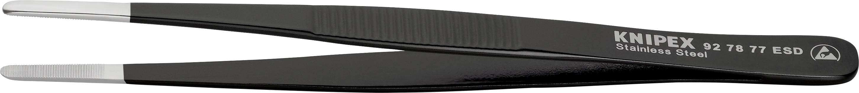 Schwarze Präzisionspinzette aus Edelstahl von Knipex, mit feiner Spitze, speziell für präzise Arbeiten in Elektronik und Feinmechanik.