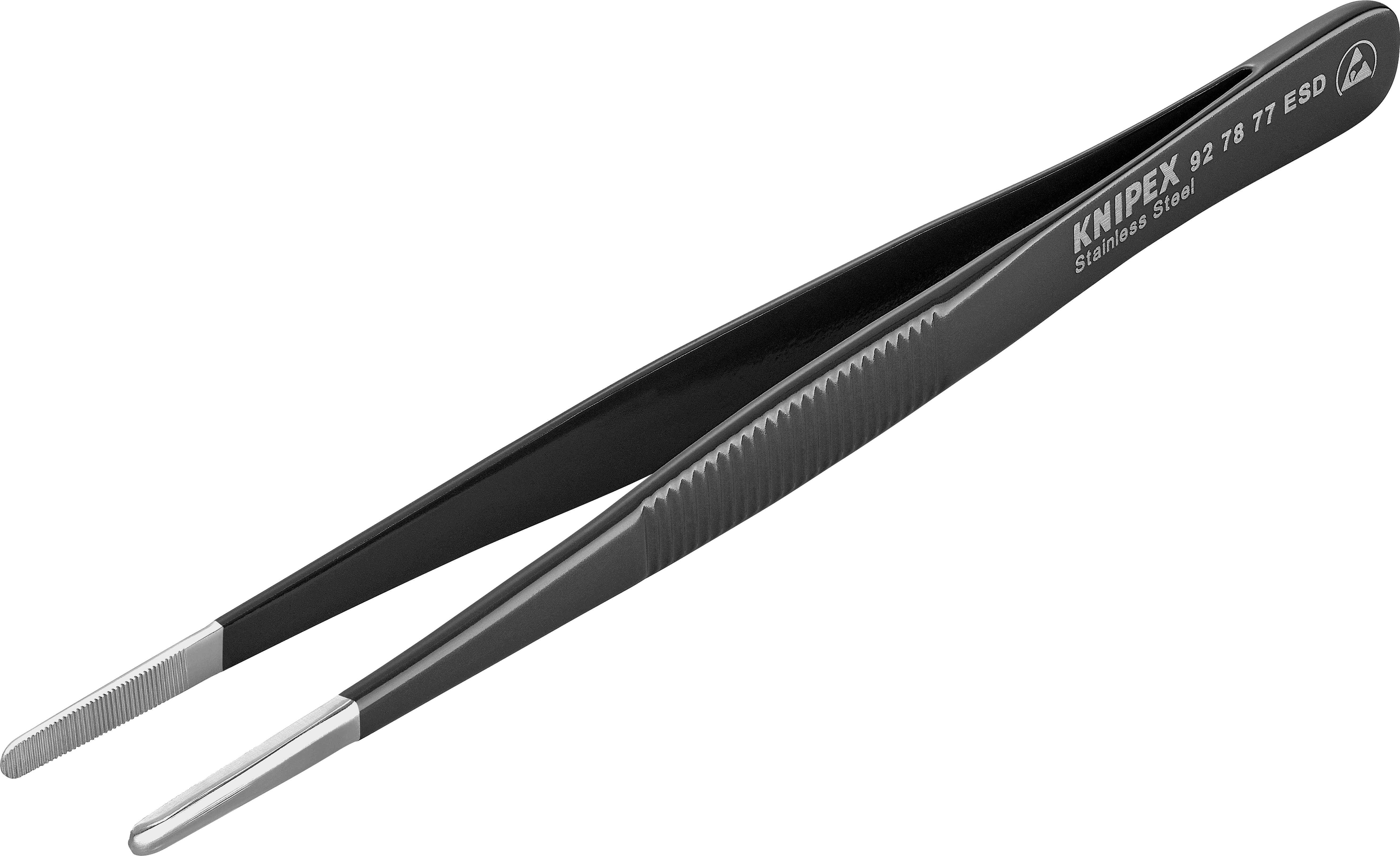 Schwarze Präzisionspinzette mit geriffeltem Griff. Aufdruck: 'KNIPEX 92 78 71 ESD', geeignet für feine Arbeiten in der Elektronik.