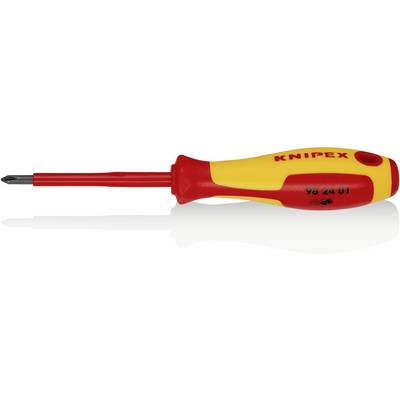 Ein isolierter Schraubendreher mit rotem Griff, gelben Markierungen und der Aufschrift 'KNIPEX'. Geeignet für sicheres Arbeiten an elektrischen Anlagen.
