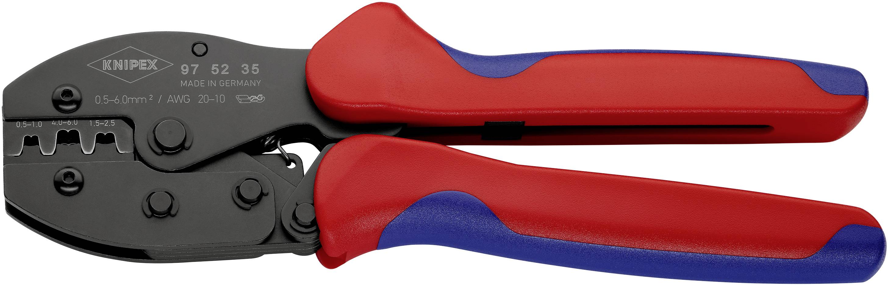 Crimpzange von Knipex in Rot und Blau, Modellnummer 97 62 36, mit zwei Griffen und verschiedenen Prägungen auf dem Metall.