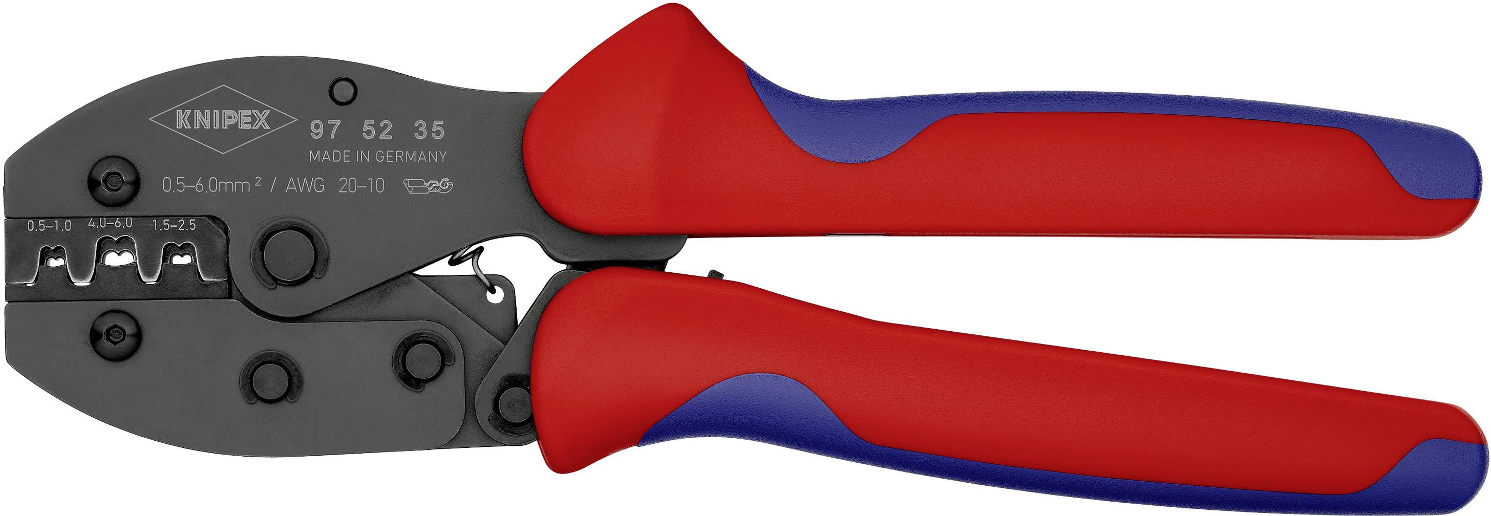 Die Abbildung zeigt eine rote und blaue Crimpzange der Marke Knipex, Modell 97 52 35, zum Crimpen von Kabelschuhen und Steckverbindern.