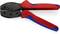 Eine rote und blaue Crimpzange der Marke Knipex, geeignet für den Einsatz mit Drahtgrößen von 0,5 bis 6 mm².