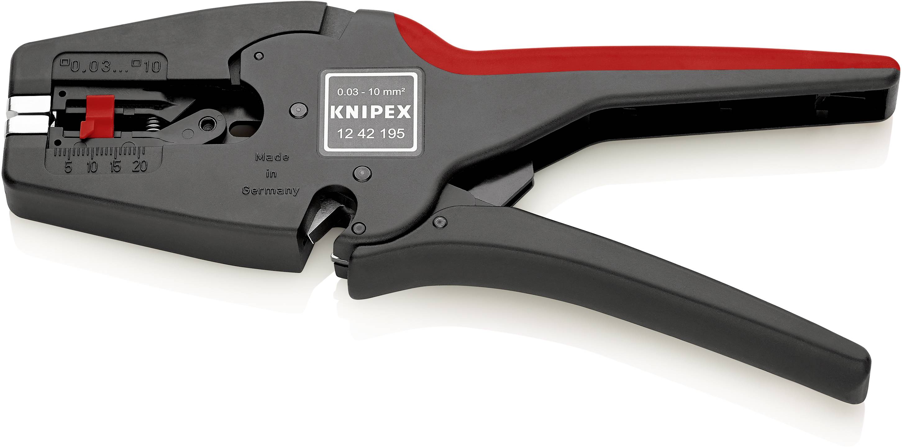Abisolierzange der Marke Knipex mit schwarzem Griff und rotem Detail, geeignet für Drahtstärken von 0,03 bis 10 mm², hergestellt in Deutschland.