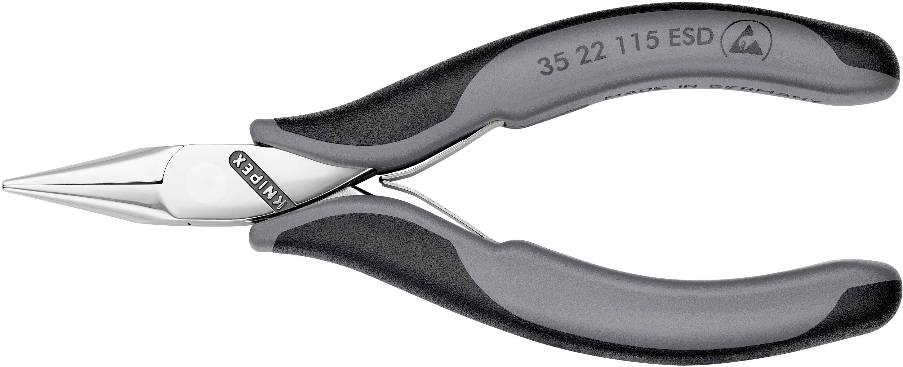 'KNIPEX 35 22 115 ESD' Spitzzange mit ergonomischem Griff, ideal für präzise Arbeiten in der Elektronik, zeigt geschlossene Zange.