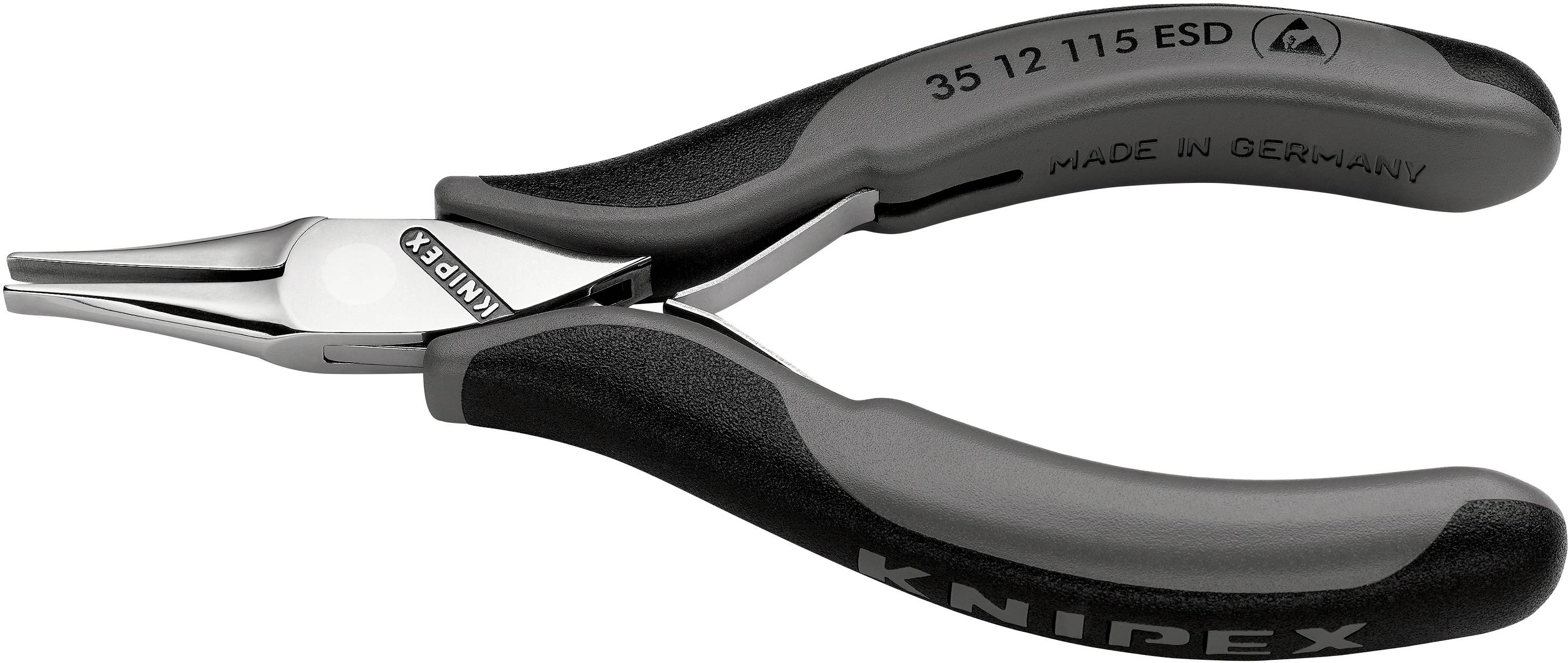 Eine schwarze und silberne Spitzzange mit ergonomischen Griffen. Aufschrift 'Knipex' und 'Made in Germany'. Geeignet für Feinmechanik.