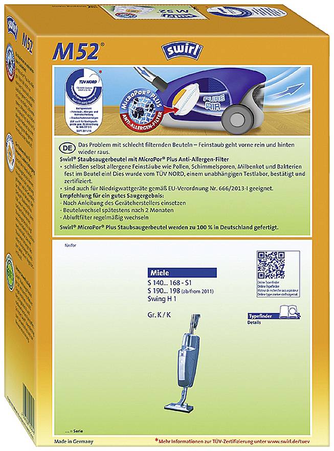 'Swirl Staubsaugerbeutel M52' mit Anti-Allergen-Filter. Kompatibel mit Miele-Modellen S140, S168. TÜV-zertifiziert, made in Germany.