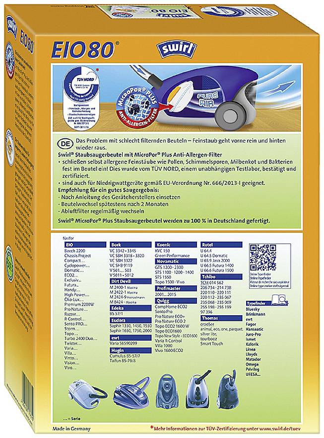 'Swirl EIO80 Staubsaugerbeutel'-Verpackung. Enthält staubfreie Entsorgungstechnik und Allergiefilter. Hergestellt in Deutschland.