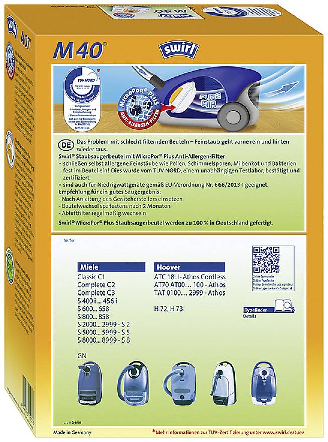 'Swirl M40'-Staubsaugerbeutel-Verpackung. Enthält Text zur Produktbeschreibung, Kompatibilität mit Marken und TÜV-Zertifizierung.