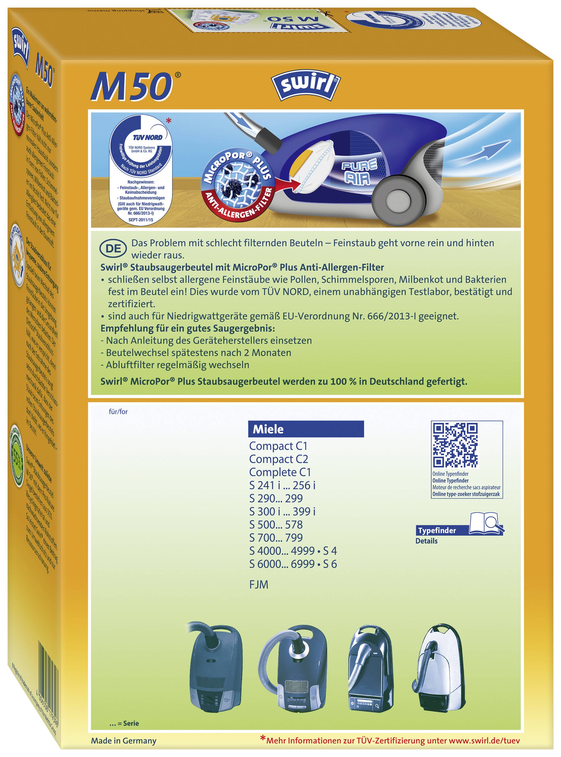 'Swirl M50' Staubsaugerbeutel-Verpackung mit Filtertechnologie, Infos zu passendem Saugern: Miele Compact C1/C2, Complete C1/C2.
