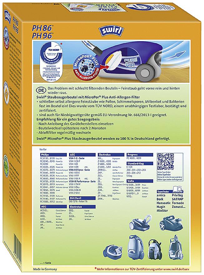 Verpackung eines Swirl PH 86/PH 96 Staubsaugerbeutels mit MicroPor® Plus Filter. Enthält Produktmerkmale und technische Spezifikationen.