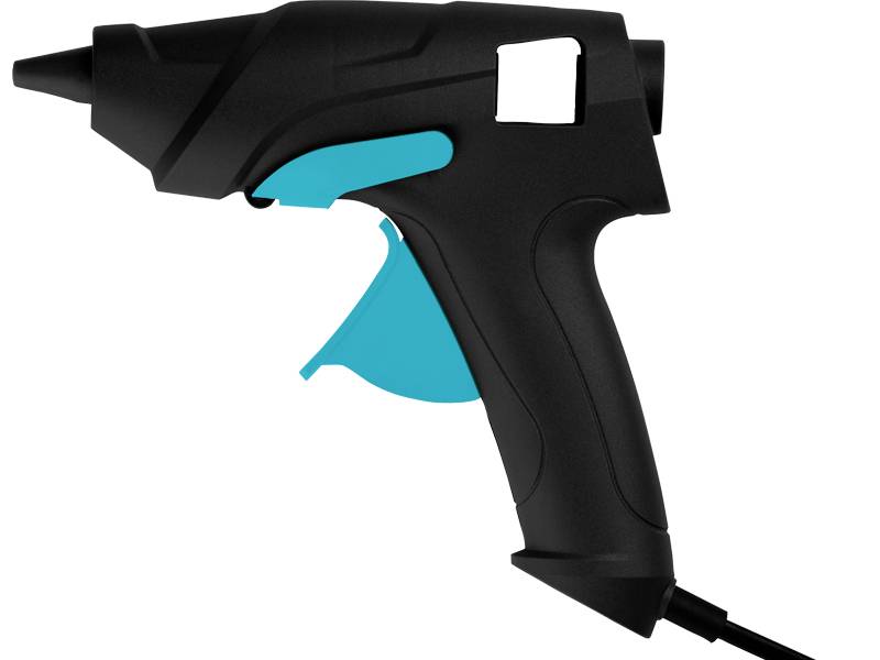 Eine schwarze und türkisfarbene Heißklebepistole mit Kabel, entwickelt für Bastel- und DIY-Projekte.