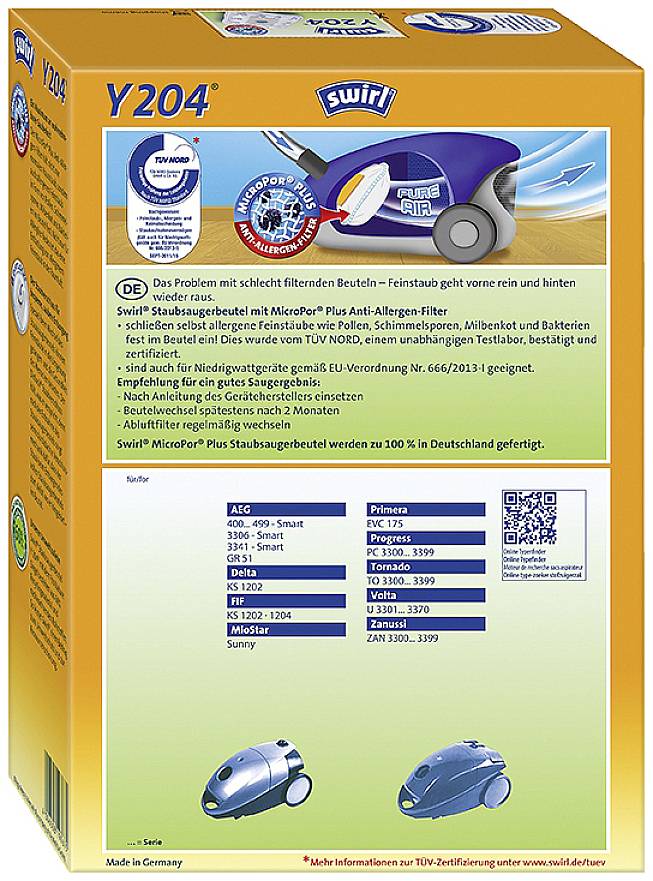 'Swirl Y204 Staubsaugerbeutel-Packung. Enthält Informationen zu Filtertechnologie, TÜV-Zertifizierung und Kompatibilität mit Staubsaugermodellen.'