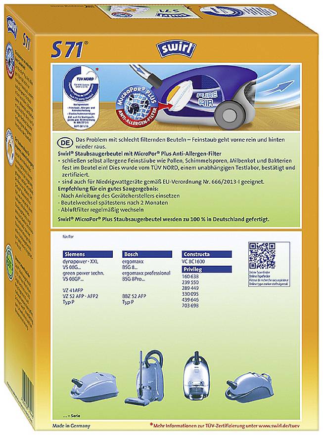 'Verpackung einer Staubsaugerbeutel-Marke. Zeigt einen blauen Staubsauger mit Aufdruck 'MicroPor Plus'. Listet Kompatibilitäten und TÜV-Zertifikat.'
