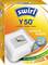 Staubsaugerbeutelverpackung von 'Swirl Y50' mit Filterabbildung. Leistungsversprechen: 55% Recycling, 100% Leistung, 99% Filtration.