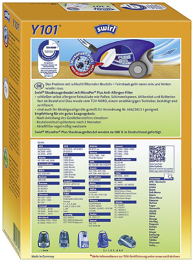 Eine gelbe Verpackung mit Staubsaugerbeutel-Produktinformationen. Zeigt Logos, ein paar Diagramme und Details zur Kompatibilität mit Staubsaugermodellen.