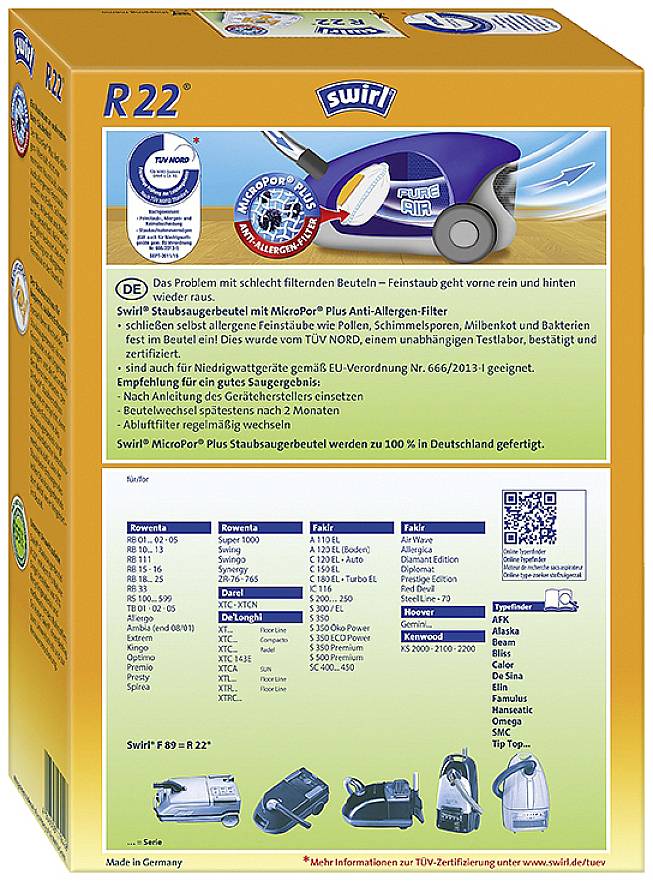 Verpackung eines Staubsaugerbeutels von Swirl, Modell R22. Enthält Produktmerkmale, Kompatibilitätsliste und technische Details.