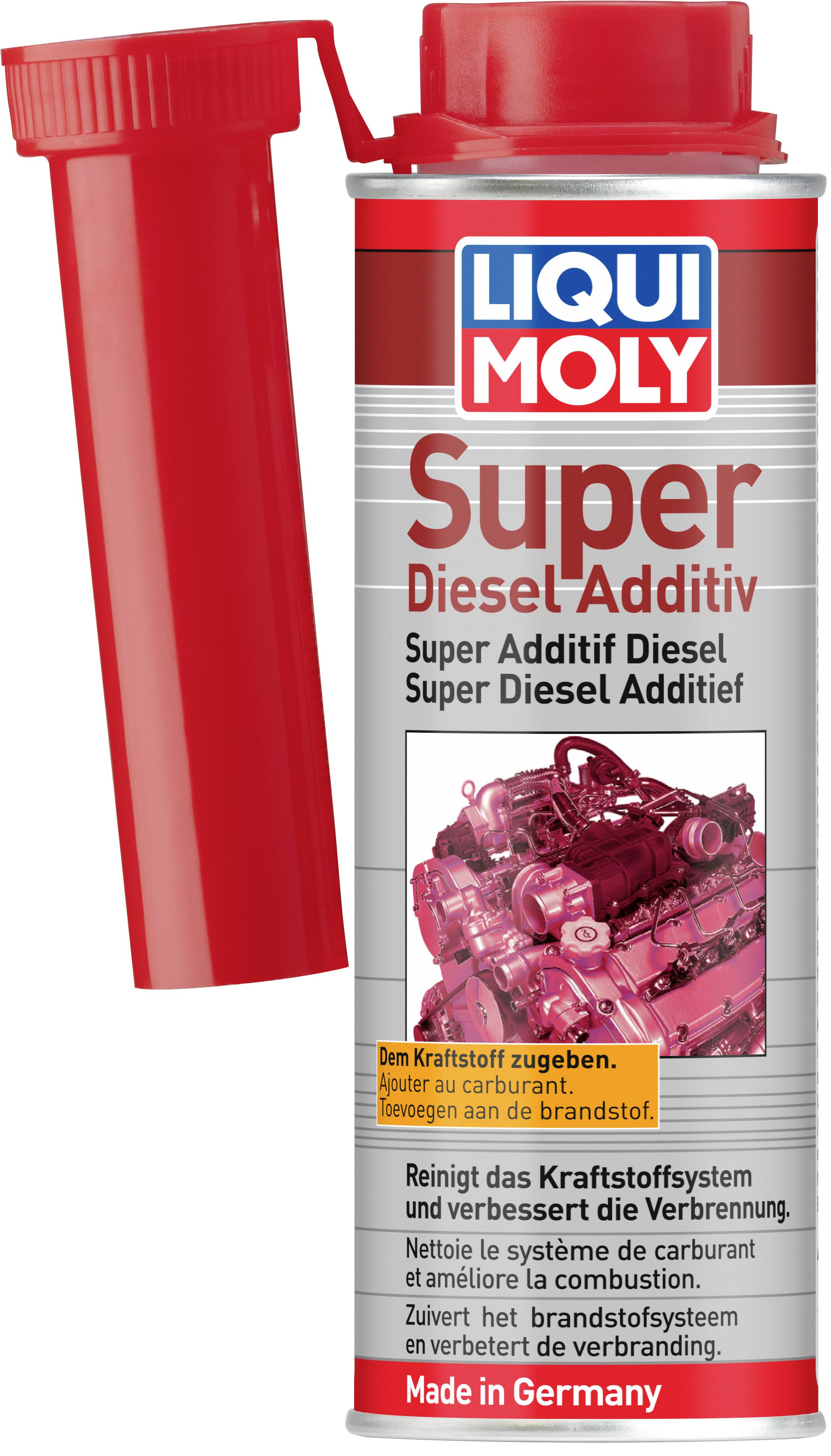 LIQUI MOLY Super Diesel Additiv mit roter Kappe und Kappenaufsatz, beschriftet in Deutsch, Französisch und Niederländisch, zum Zugeben zu Dieselkraftstoff und zur Verbesserung der Verbrennung.