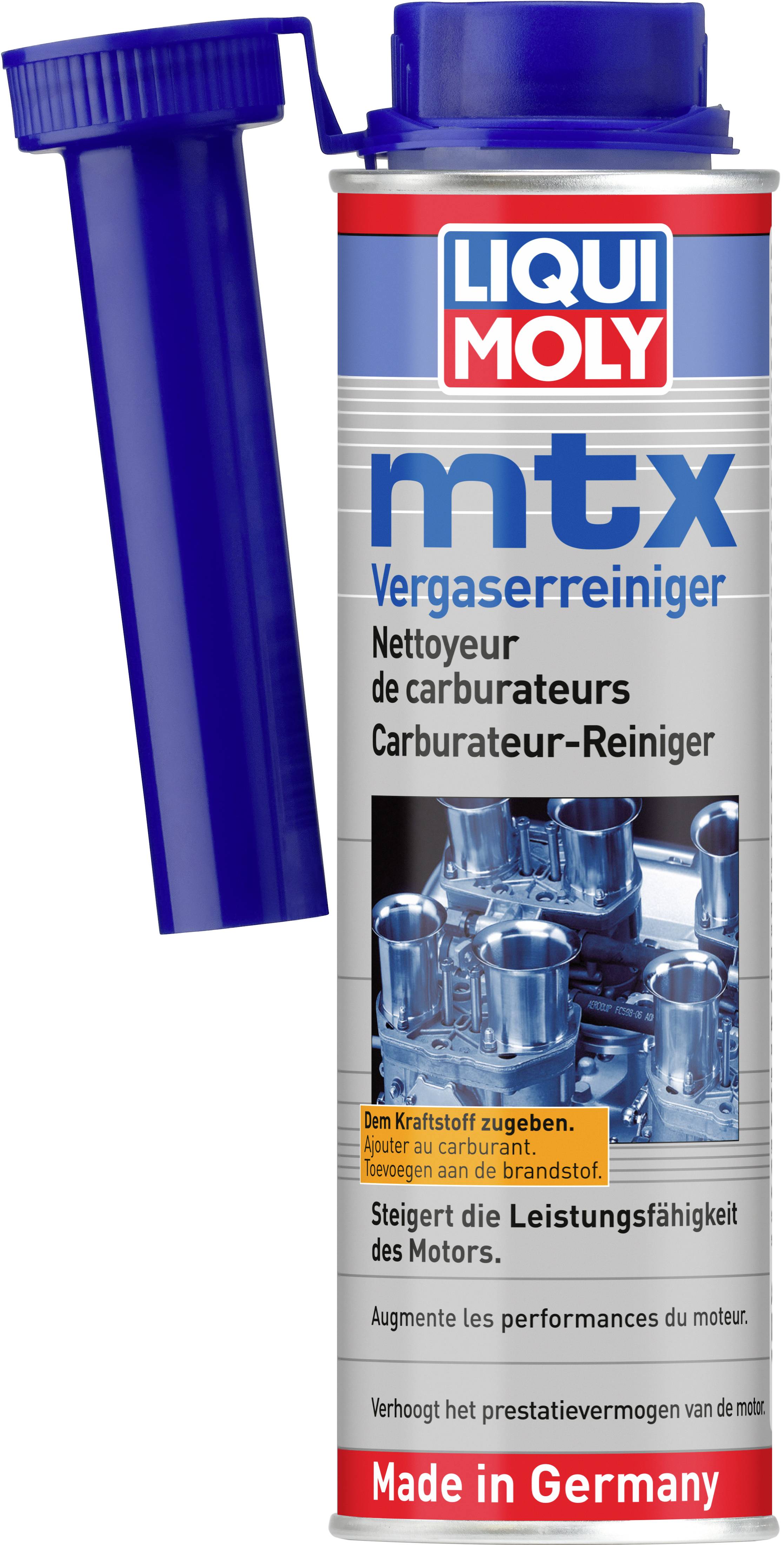 LIQUI MOLY MTX Vergaserreiniger-Flasche mit angebrachtem blauem Verschlussaufsatz, beschriftet mit „Vergaserreiniger" und „Made in Germany".