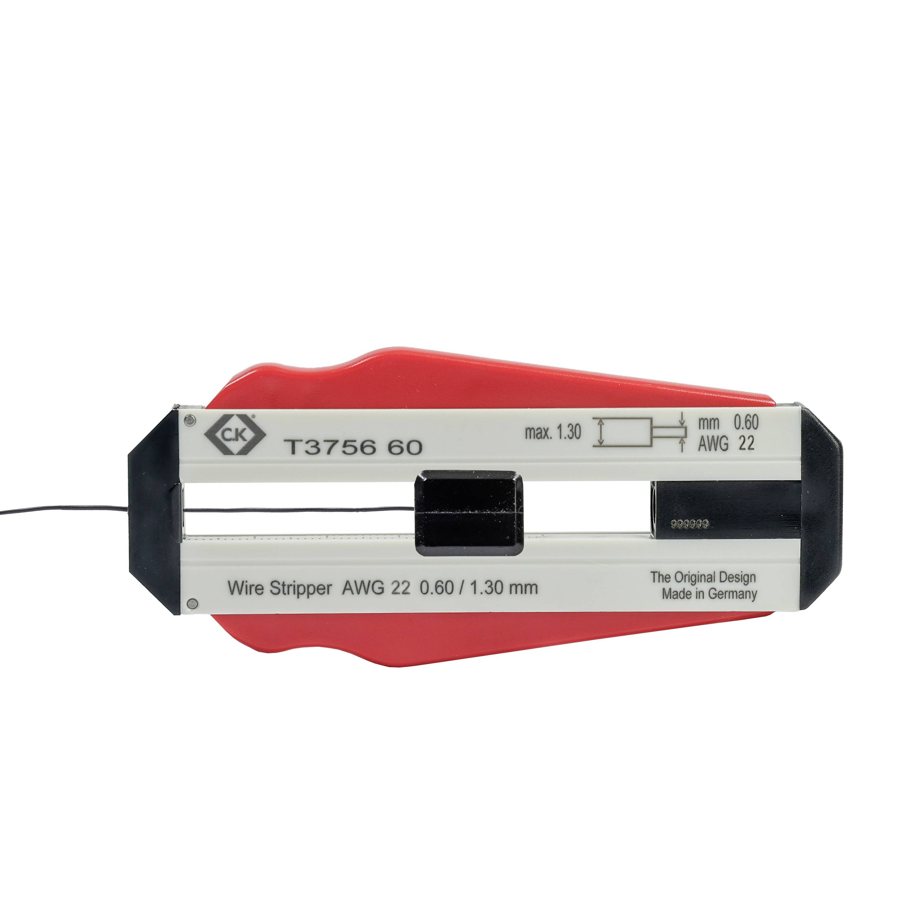 Kabelabisolierzange in Rot und Schwarz, geeignet für Kabel der Größe AWG 22 bis 0,60 mm. Hergestellt in Deutschland.