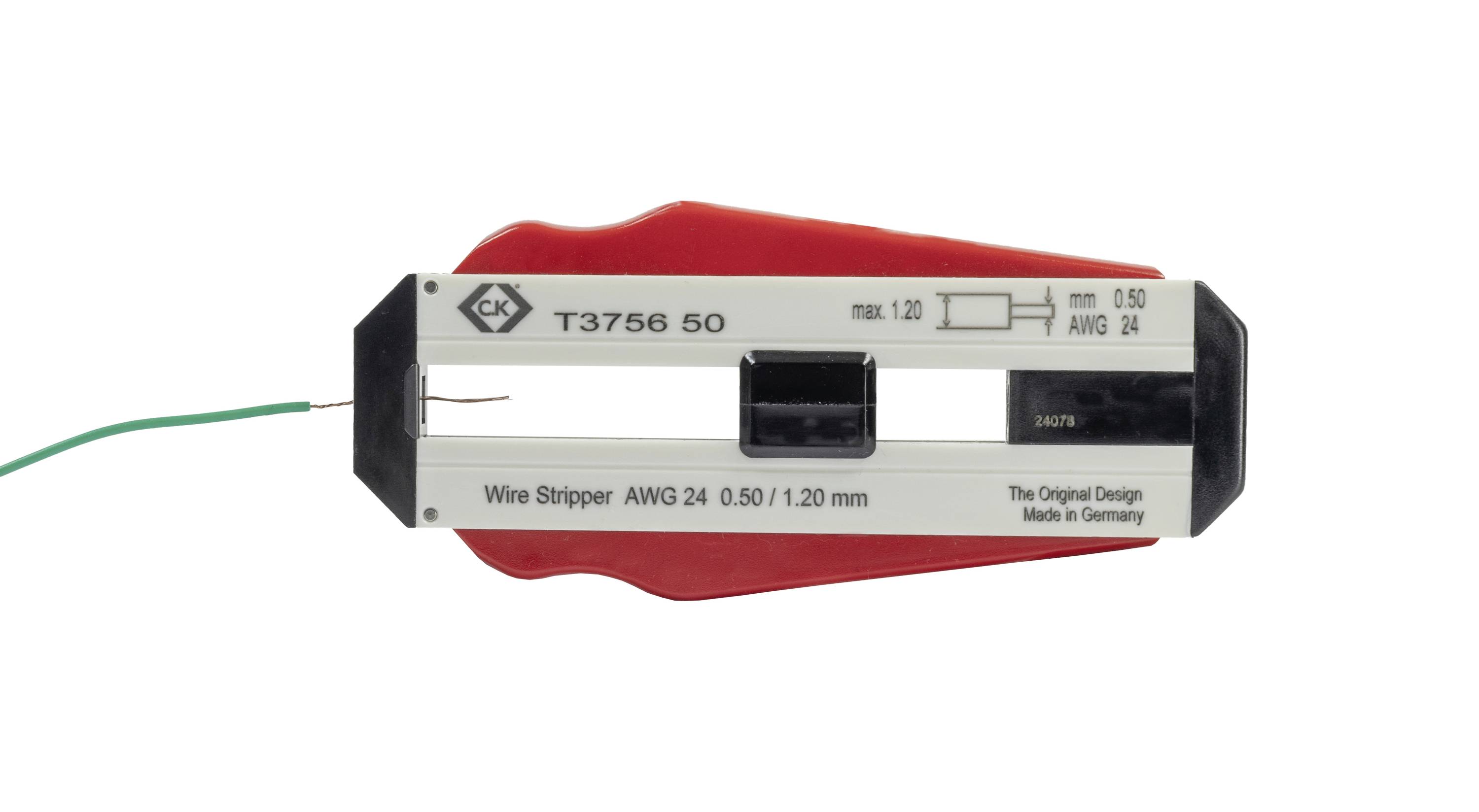 Abisolierzange, Modell T3756 50, geeignet für Drahtdurchmesser 0,50 bis 1,20 mm. Text: 'The Original Design Made in Germany'.