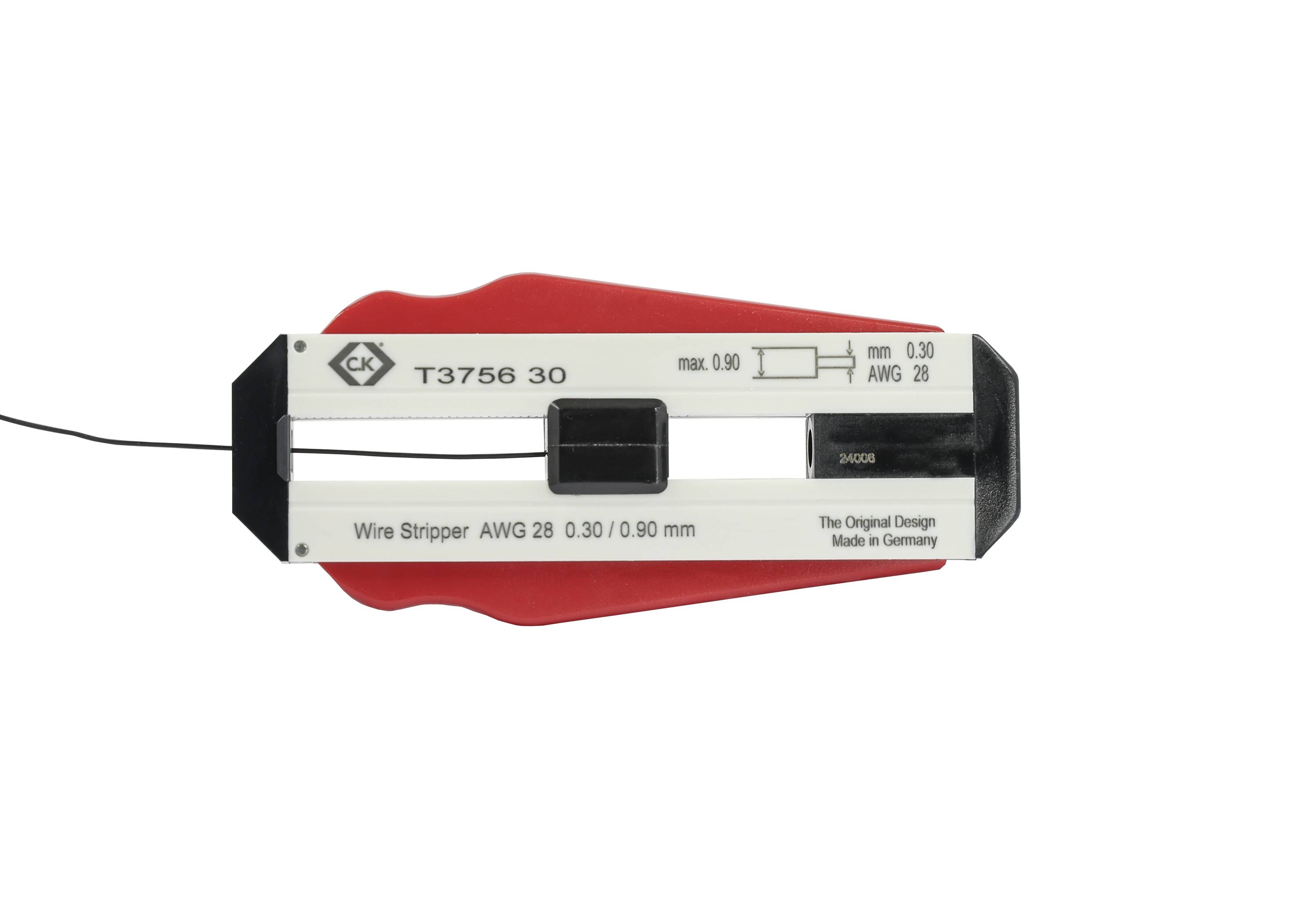 Abisolierzange mit der Aufschrift 'Wire Stripper AWG 28'. Zeigt Drahtkapazität und ist Made in Germany. Geeignet für dünne Drähte.