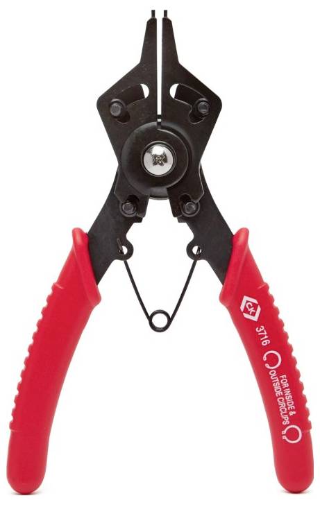 Rot-händige Sicherungsringzange mit Drehpunkt und spitzen Spitzen, verwendet zum Ein- oder Ausbau von Sicherungsringen in Maschinen.