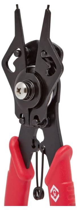 Rote Zange mit schwarzen Metallkomponenten, entwickelt für präzises Greifen und Halten von Objekten.