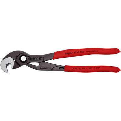 Eine rote Wasserpumpenzange der Marke Knipex mit Aufschrift 'Raptor' und Größenangaben.
